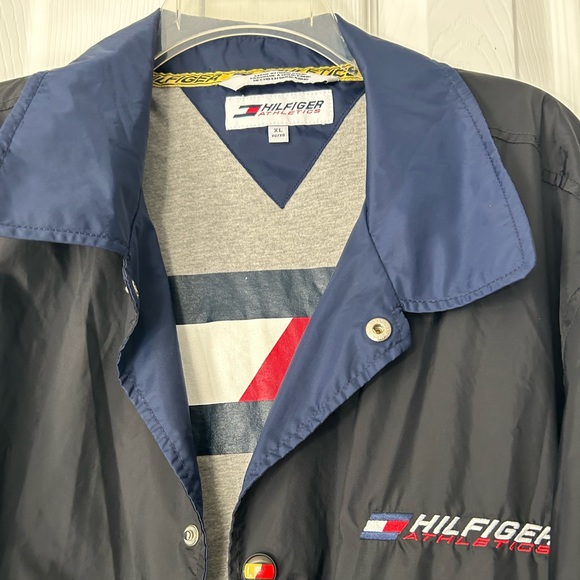 Tommy Hilfiger Vintage Windbreaker Mens XL Black Navy Logo Button Up Collared - Picture 3 of 11